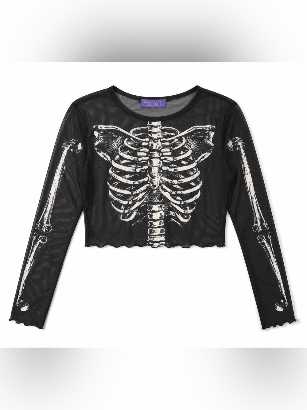 Black Mesh Skeleton Print Cropped Long-Sleeve Top
